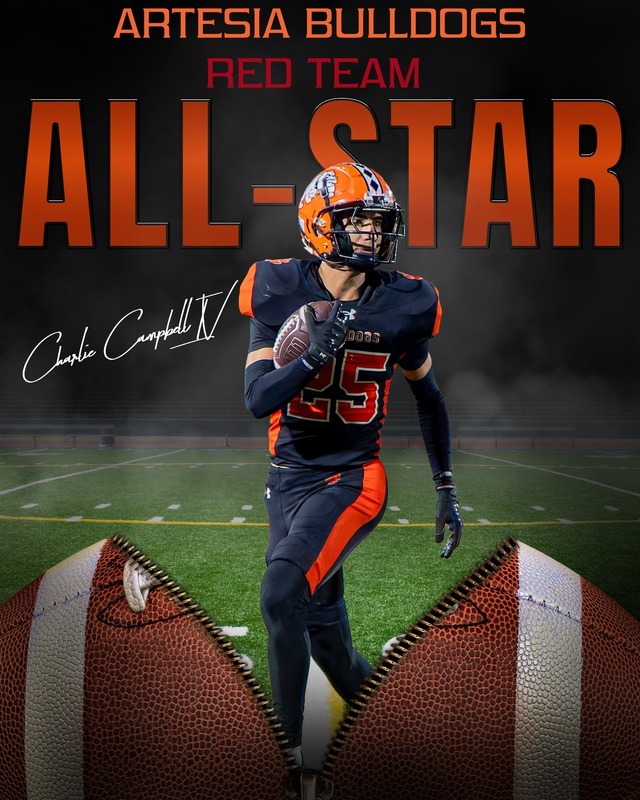 A graphic features a photo of a teen boy in a black and orange football uniform bursting out of a football and reads All-Star: Charlie Campbell.