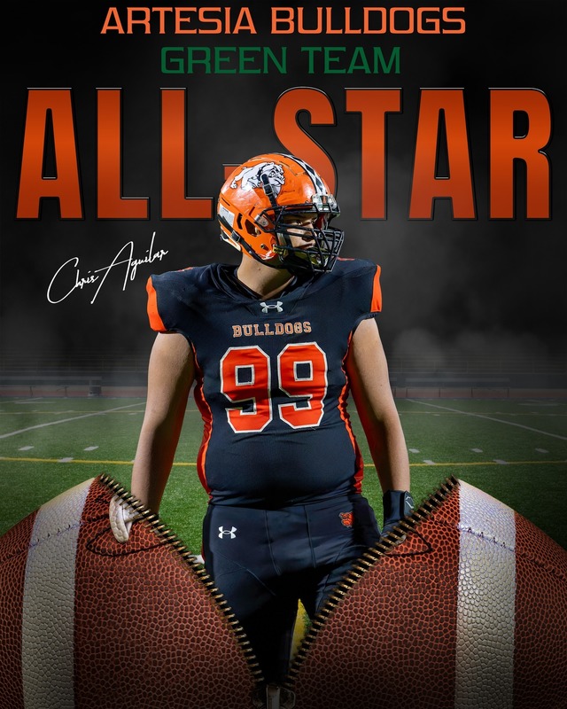A graphic features a photo of a teen boy in a black and orange football uniform bursting out of a football and reads All-Star: Chris Aguilar.