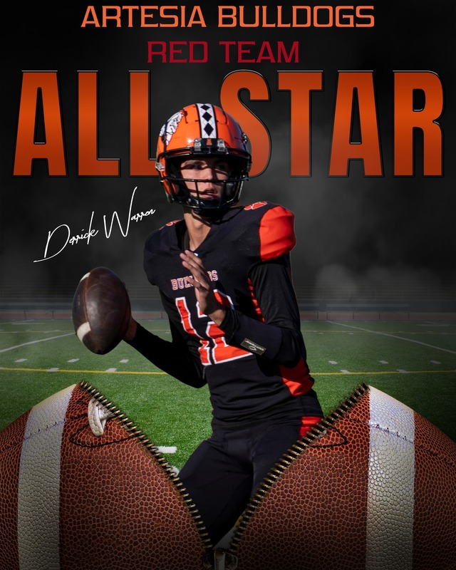 A graphic features a photo of a teen boy in a black and orange football uniform bursting out of a football and reads All-Star: Derrick Warren.