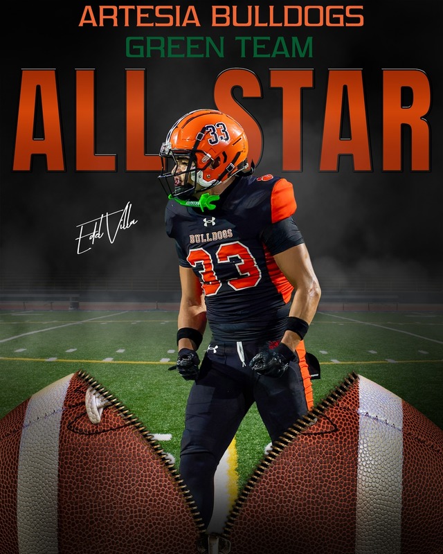 A graphic features a photo of a teen boy in a black and orange football uniform bursting out of a football and reads All-Star: Edel Villa.
