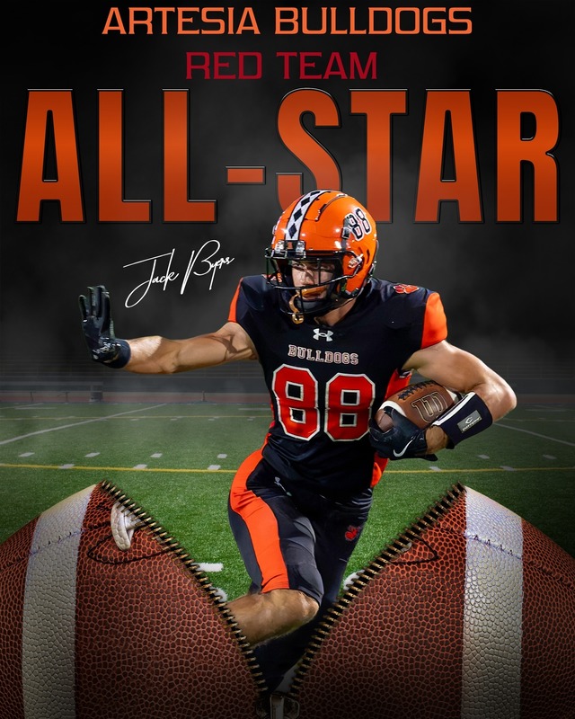 A graphic features a photo of a teen boy in a black and orange football uniform bursting out of a football and reads All-Star: Jack Byers.