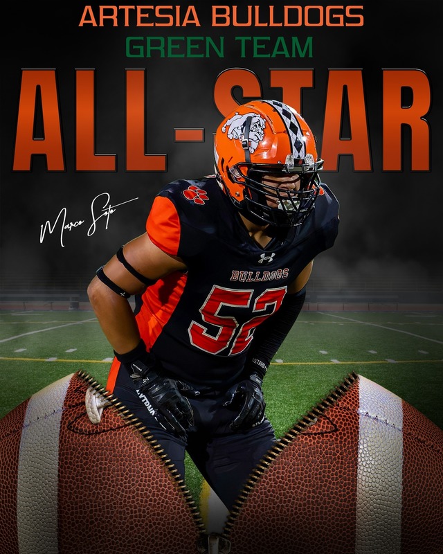 A graphic features a photo of a teen boy in a black and orange football uniform bursting out of a football and reads All-Star: Marco Soto.