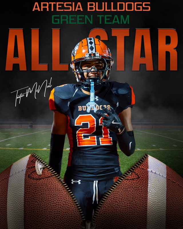 A graphic features a photo of a teen boy in a black and orange football uniform bursting out of a football and reads All-Star: Tootie McNeil.