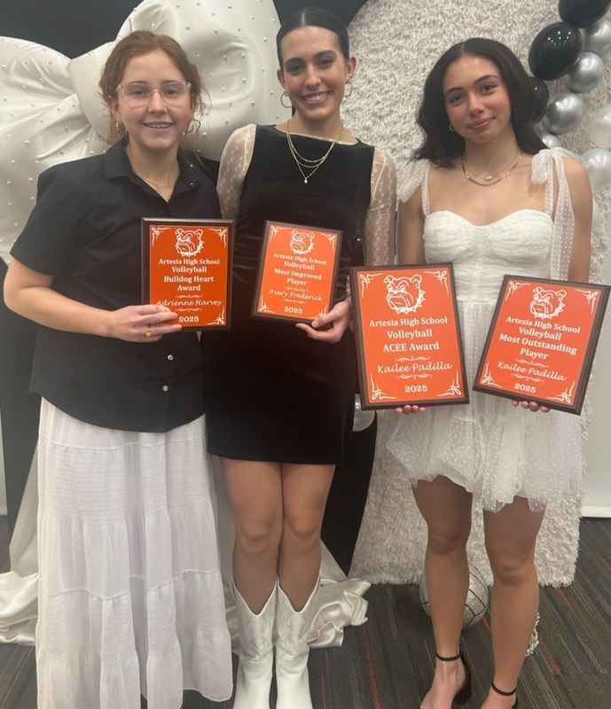 Three teen girls in dresses pose for a photo holding orange plaques.