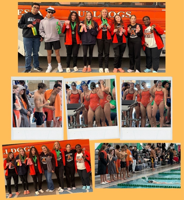 A collage of six photos shows the AHS swim teams both in and out of the pool.