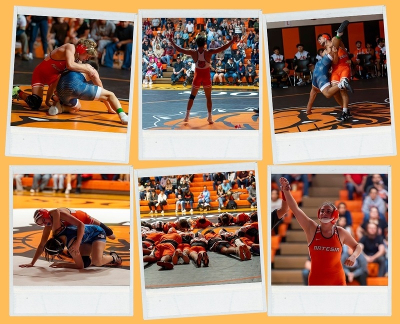 A collage of six images show AHS wrestlers competing in their home gym.