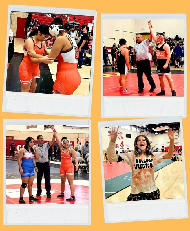 A collage of four images shows AHS wrestlers preparing for their matches or having their hands held aloft after having won.