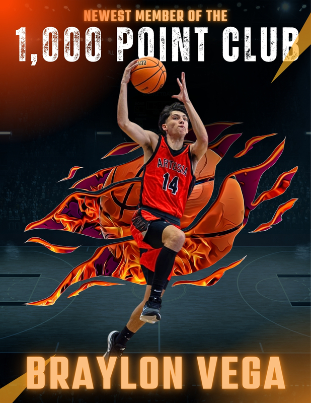 A graphic featuring an action shot of Braylon Vega going in for a layup announces his new membership in the 1,000 Point Club.