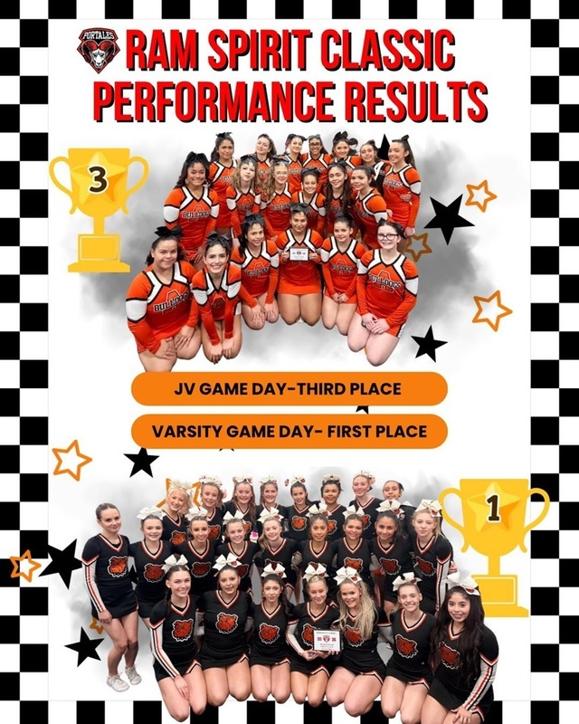A graphic features team photos of the varsity and JV cheerleading squads.