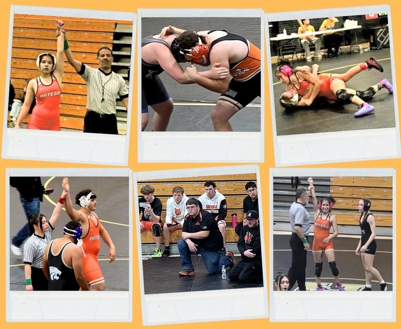 A collage of six images shows action shots of male and female teens either wrestling or having their arms raised in victory following a match.