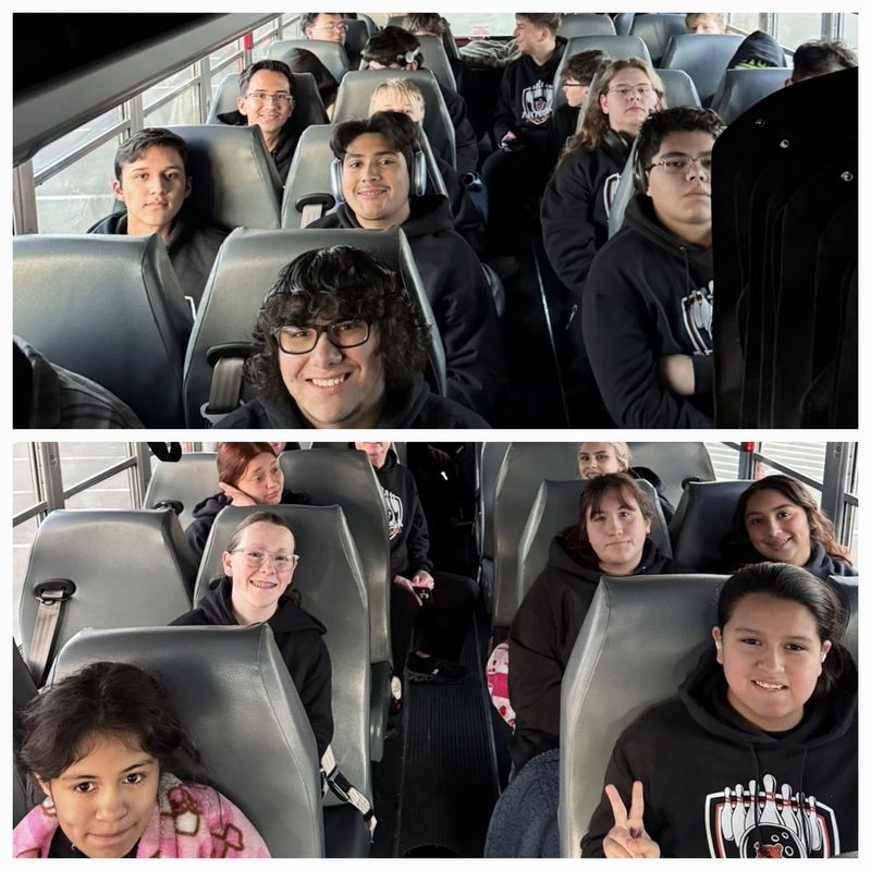 Two photos show male and female teens smiling for a photo while seated on a bus.