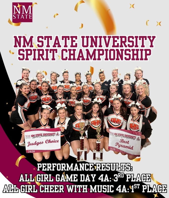 A graphic features a photo of a large group of teen girls in orange, black and white cheerleading uniforms with large white bows in their hair. The front row holds two trophies and two banners.