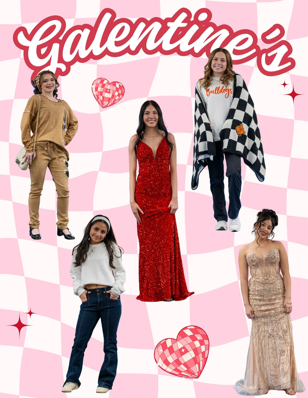 Images of five teen girls, some in formal wear and some in casual fashions, are shown posing for photos against a pink and white checkerboard background on a graphic reading "Galentine's".
