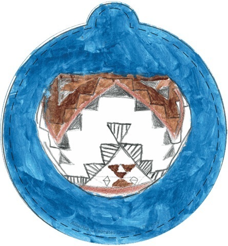 A Christmas ornament colored by a child features a depiction of a Native American clay pot against a blue background.