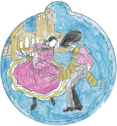 A Christmas ornament colored by a child depicts male and female folklorico dancers against a blue background with an adobe church in the background.