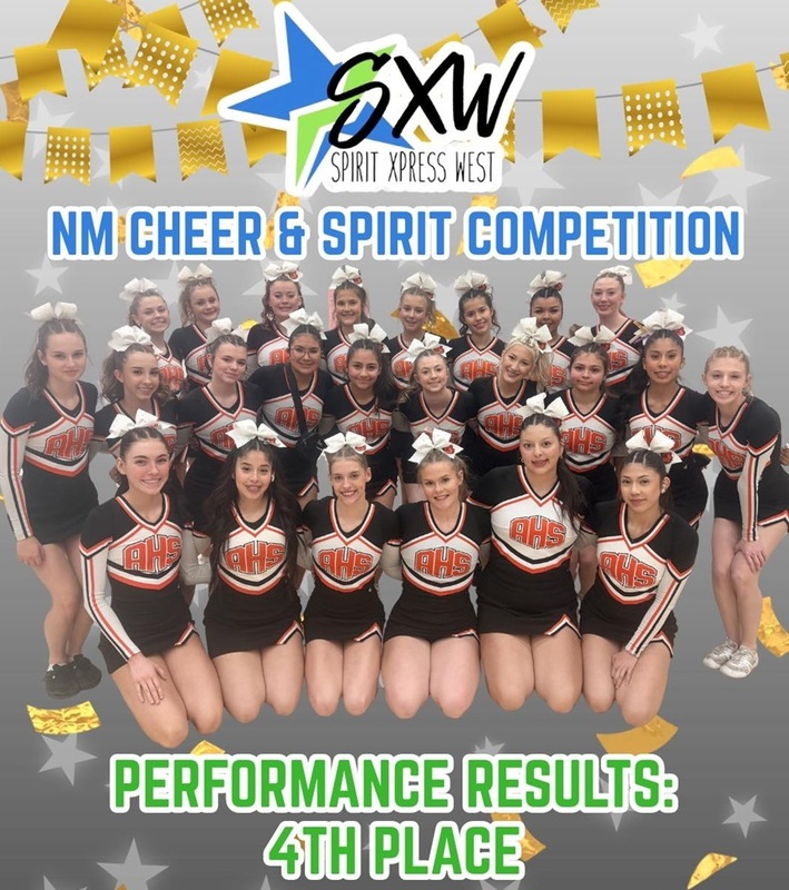 A graphic reading "NM Cheer & Spirit Competition, Performance Results: Fourth Place" shows an image of cheerleaders posing for a photo.