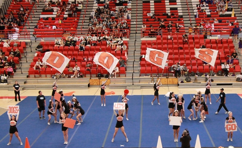 A group of cheerleaders in black, orange and white uniforms performs a routine. Four stand in the back waving flags that spell "DOGS".