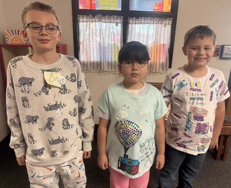 Two young boys and a young girl pose for a photo. They were shirts decorated with raccoons, the house from "Up" with balloons created from plastic gems, and Band-Aids.