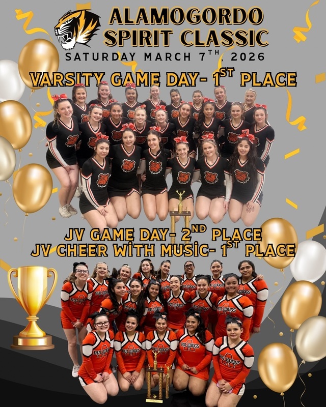 A graphic shows two groups of teen girls in cheerleading uniforms with "Alamogordo Spirit Classic" written at the top.