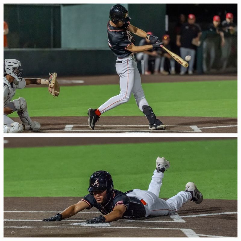 A teen boy in a black, orange and white baseball uniform hits the ball with the bat.
