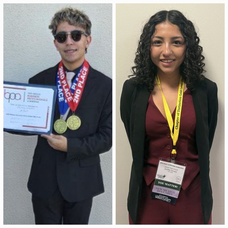 In side-by-side images, a teen boy in a black suit and sunglasses smiles as he displays a certificate. He wears two medals around his neck. A girl in a pantsuit and jacket smiles for the camera. She wears an ID tag on a lanyard around her neck.
