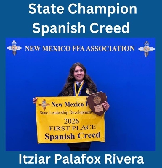 A teen girl stands against a blue background and holds a yellow banner reading "2026 First Place Spanish Creed."