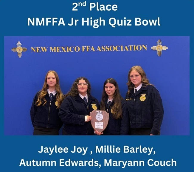 Four teen girls stand against a blue background. The two girls in the middle hold a wooden plaque.
