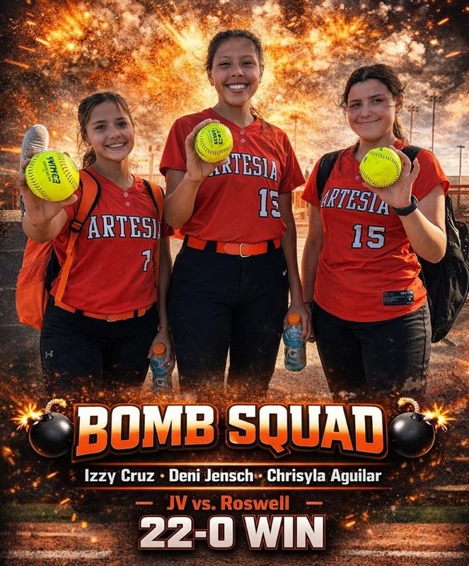 Three teen girls in orange and black softball uniforms are featured in a graphic reading "Bomb Squad" holding softballs.