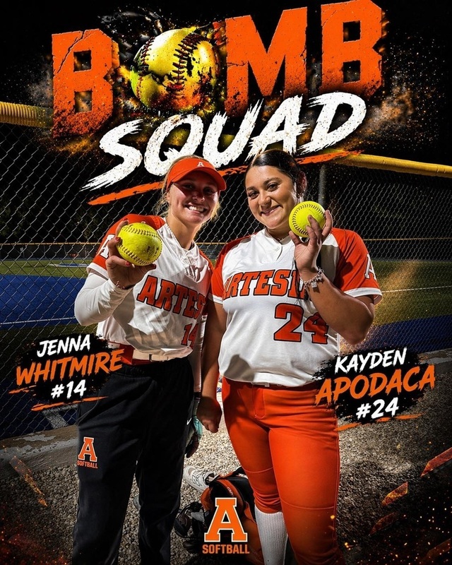 A graphic reading "Bomb Squad" pictures two teen girls in softball uniforms holding softballs.
