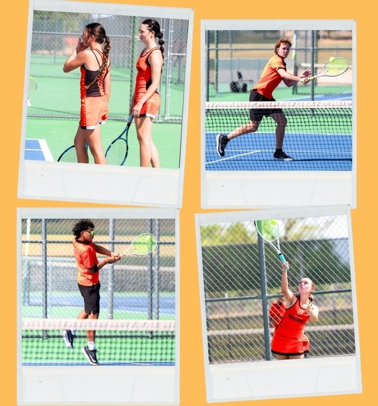 A collage of four photos shows male and female tennis players in orange uniforms in action.