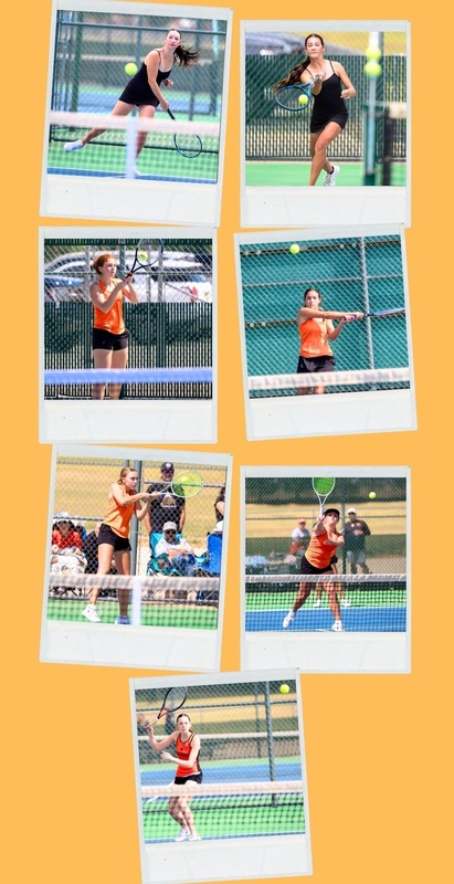 A collage of seven photos shows girls' tennis players in action.