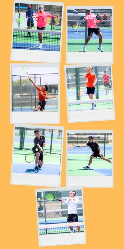 A collage of seven photos shows boys' tennis players in action.