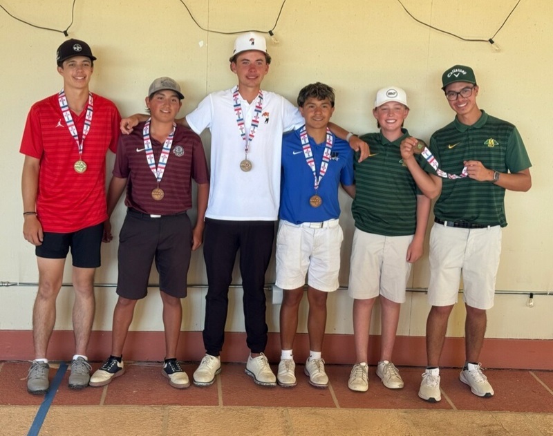 Six teen boys in different-colored shirts pose for a photo with medals around their necks.