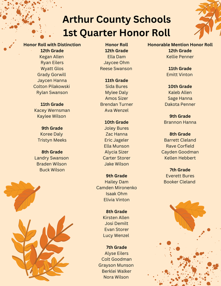 Arthur County Schools Quarter 1 Honor Roll