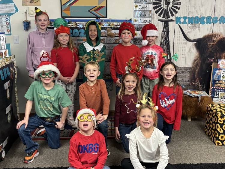 K-4 is celebrating Merry Mischief Monday (elves vs reindeer)
