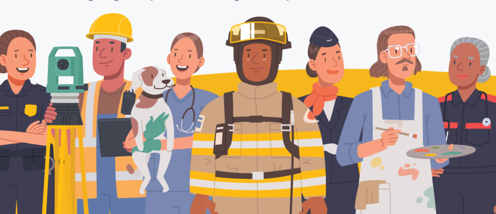 Cartoon image of community members such as police officers, veterinarian's, flight attendants, an artist, and a medic.