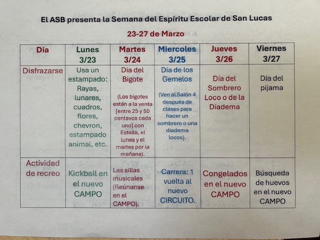 Flyer for Spirit Week with Daily Themes. Written in Spanish