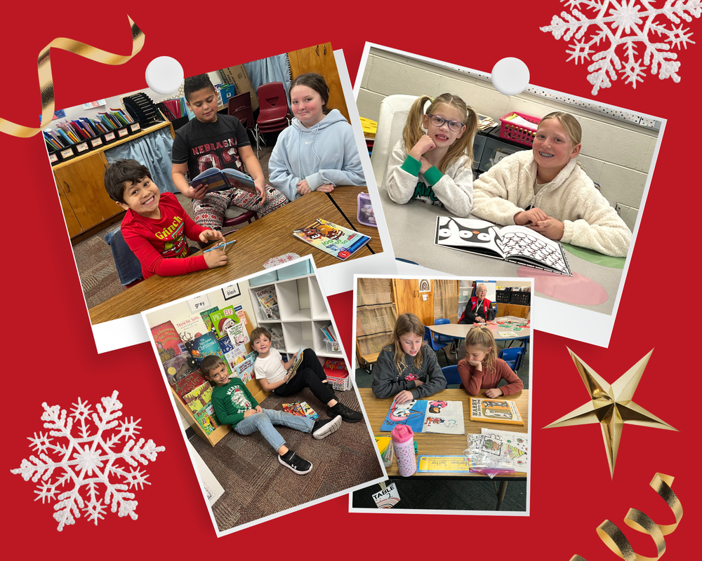 A festive red holiday-themed collage shows elementary students reading and working with books in the school library. Photos include small groups of students sitting at tables and on the floor, smiling while reading picture books, coloring, and sharing stories. Holiday decorations such as snowflakes, ribbon, and stars frame the images, highlighting a cozy, cheerful reading atmosphere.