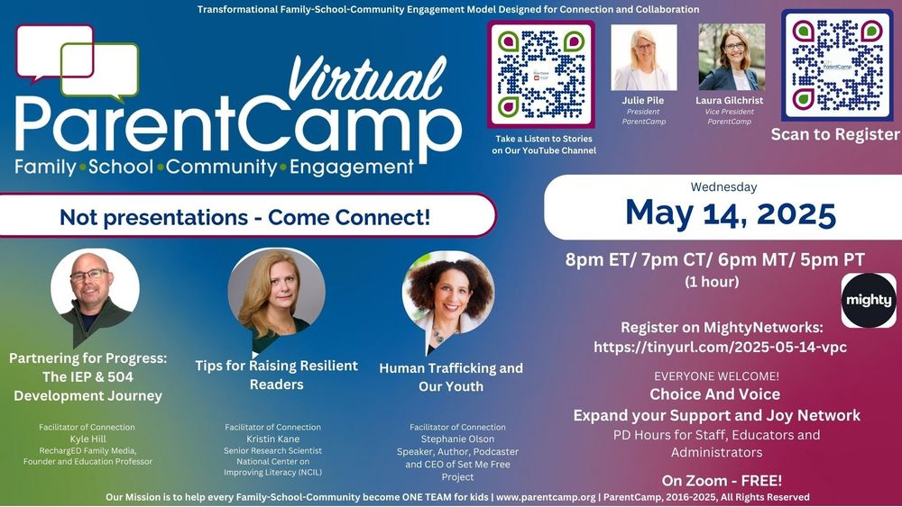 Join us for our last Virtual ParentCamp for the school year! Wednesday, May 14, 2025 8 pm ET/5pm PT
