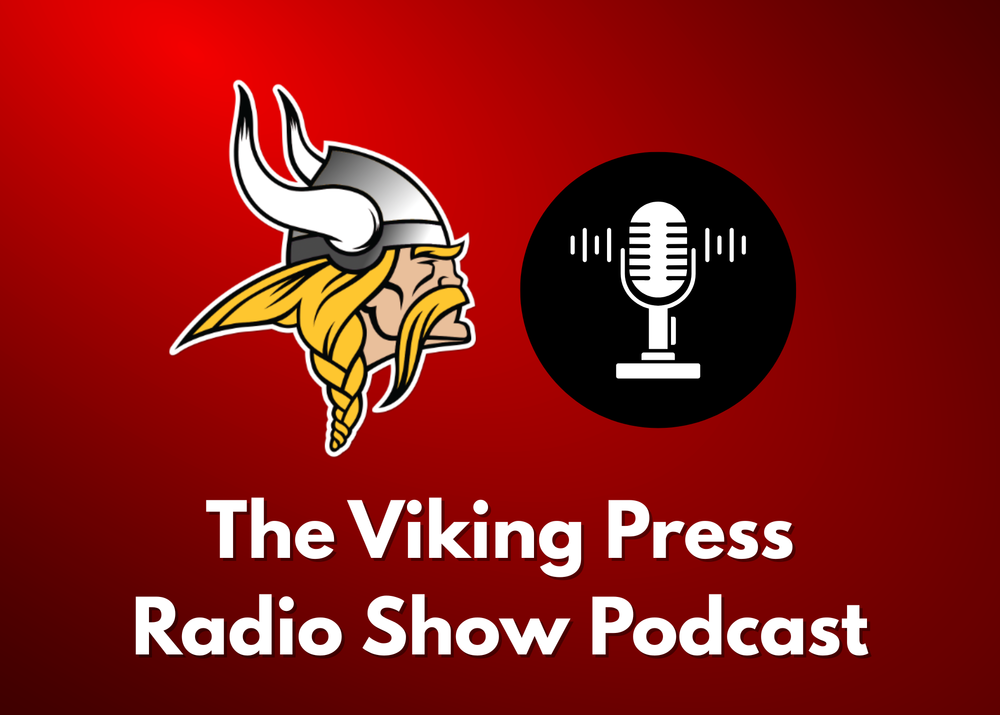 Red image with white words and a Viking.