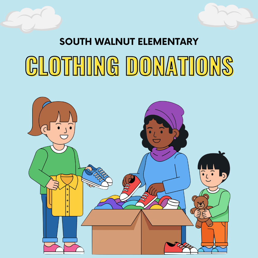 Three persons filling a box with clothing.