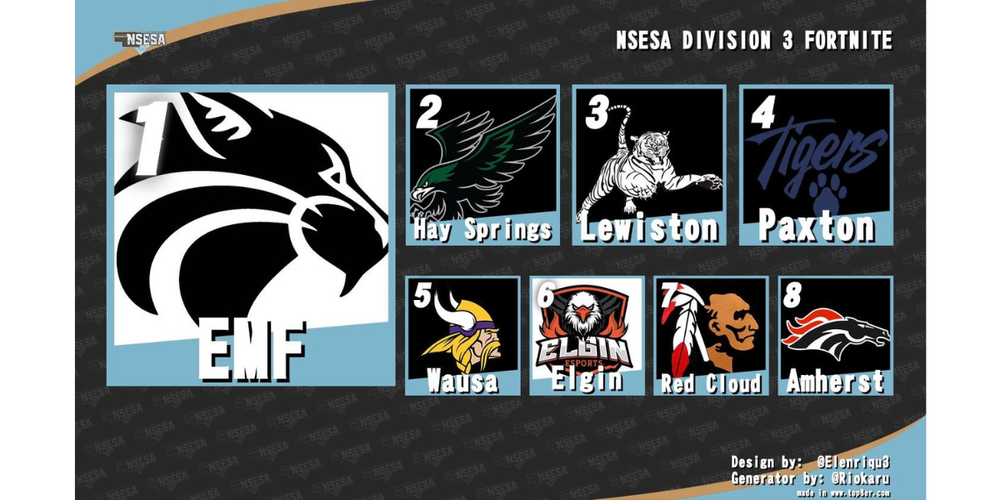 Image of all NSESA Division 3 Schools names and logos participating this year. Schools: EMF, Hay Springs, Lewiston, Paxton, Wausa, Elgin, Red Cloud, and Amherst