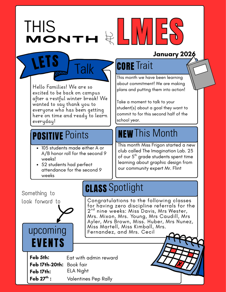 January News letter. Hello Families! We are so excited to be back on campus after a restful winter break! We wanted to say thank you to everyone who has been getting here on time and ready to learn everyday! This month we have been learning about commitment! We are making plans and putting them into action! Take a moment to talk to your student(s) about a goal they want to commit to for this second half of the school year. 105 students made either A or A/B honor roll for the second 9 weeks! 52 students had perfect attendance for the second 9 weeks. This month Miss Frigon started a new club called The Imagination Lab. 23 of our 5th grade students spent time learning about graphic design from our community expert Mr. Flint.