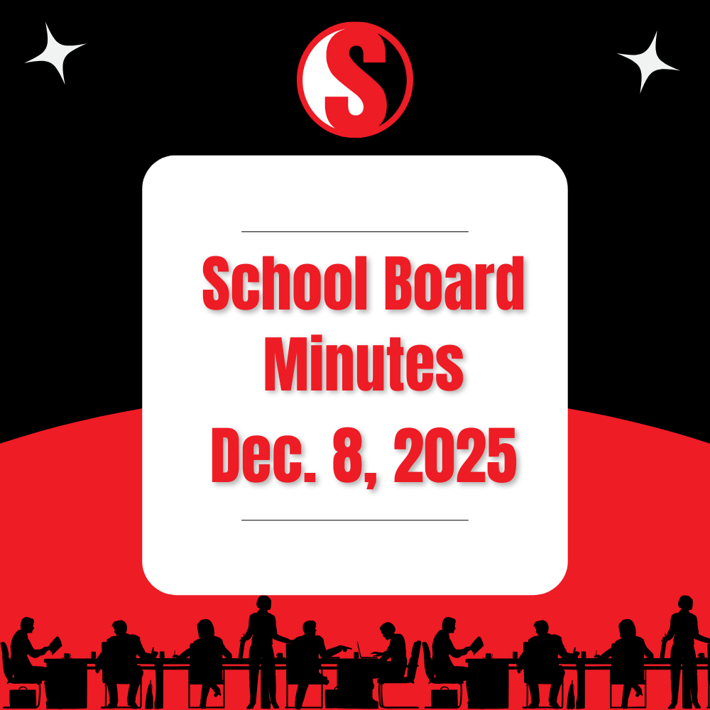 Graphic with Southern School District branding reading “School Board Minutes – December 8, 2025,” displayed in red and white text on a black background with silhouettes of a school board meeting along the bottom.