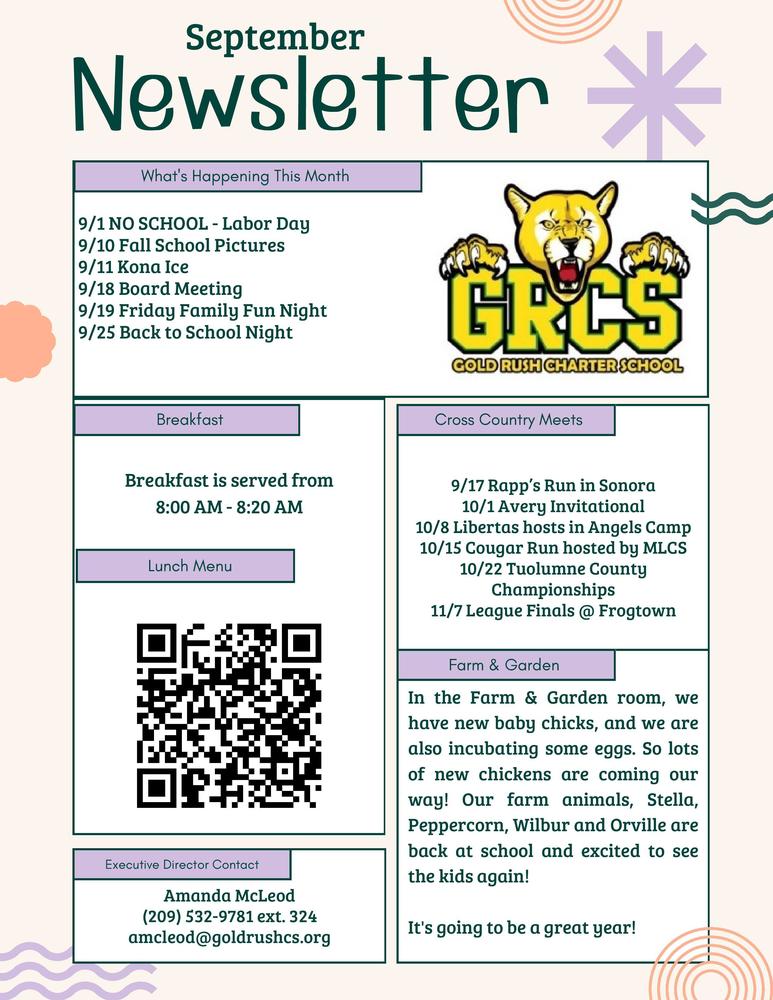 September Newsletter, contains upcoming events, a QR code for the lunch menue, cross country dates, and farm & garden notice