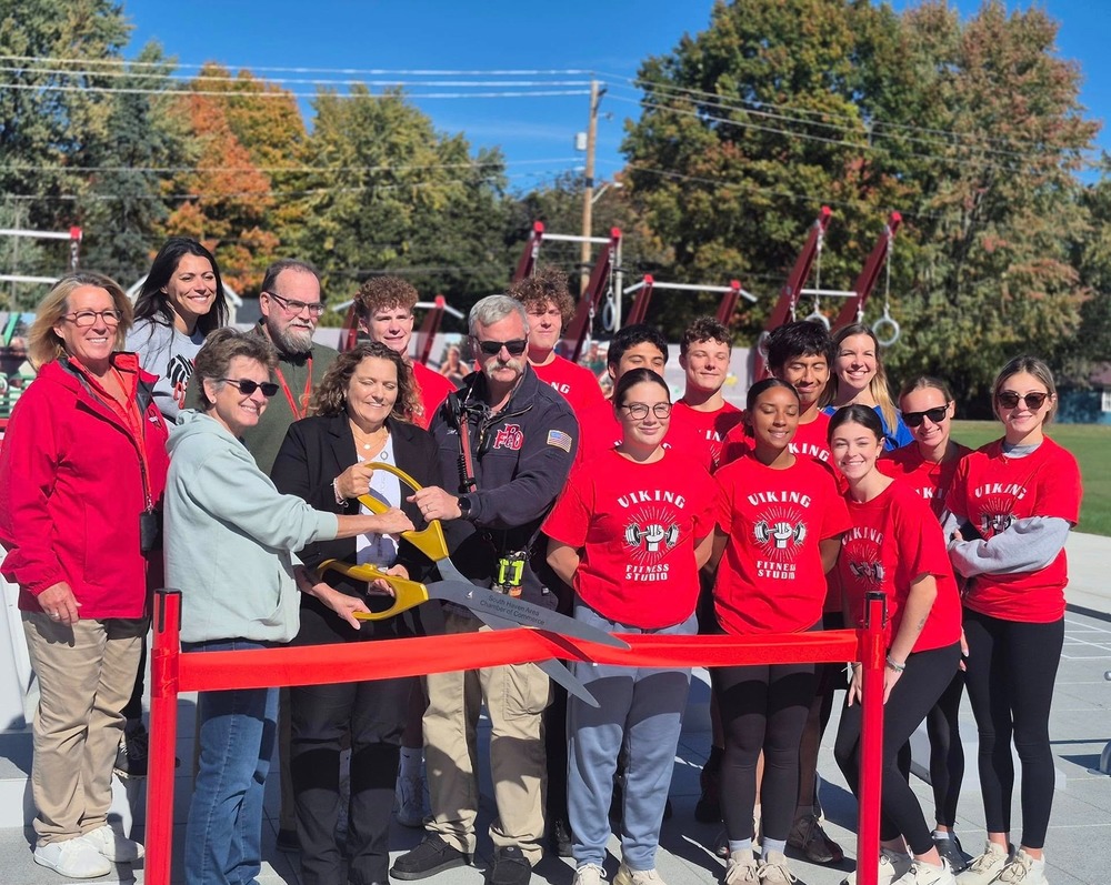 Group photo for fitness court ribbon cutting.