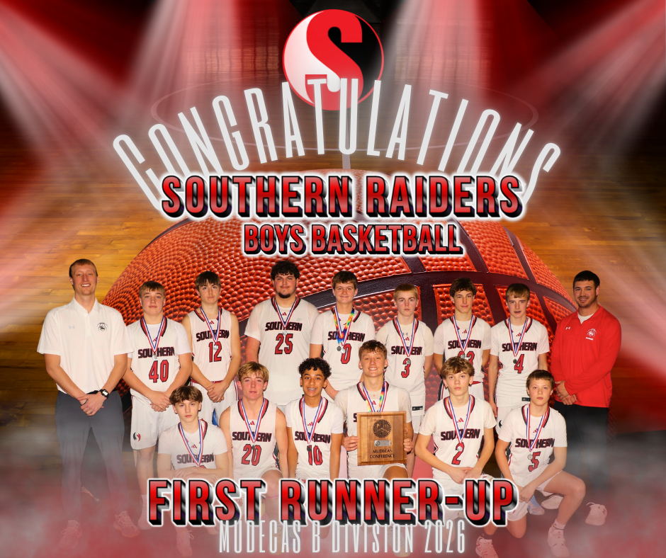 Team graphic celebrating Southern Raiders Boys Basketball. The image shows the full boys basketball team and coaches wearing white Southern uniforms and medals, posed in front of a large basketball background. Text reads “Congratulations Southern Raiders Boys Basketball” and “First Runner-Up – MUDECAS B Division 2026,” with the Southern “S” logo displayed at the top.