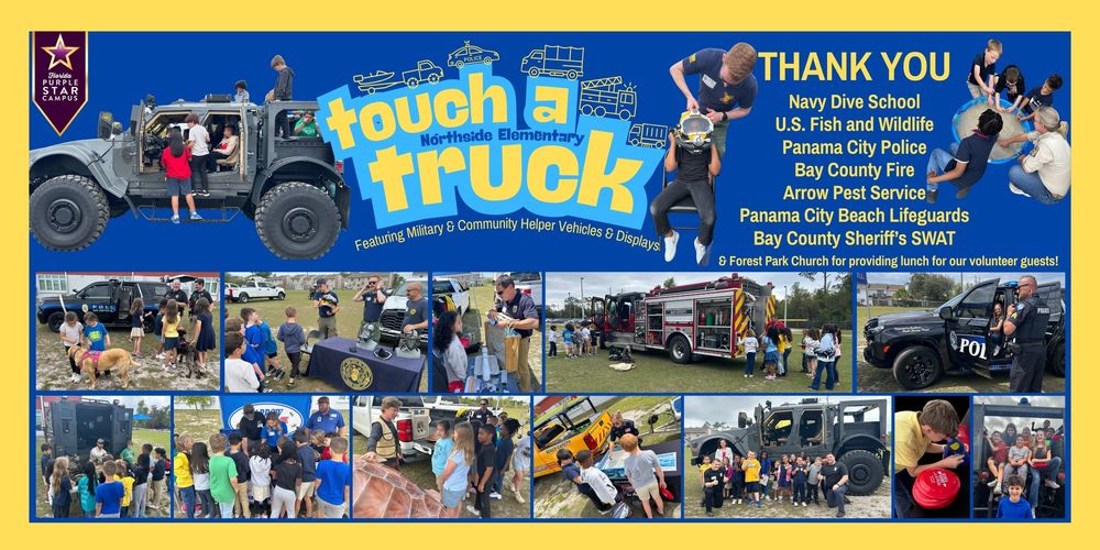 yellow border with blue background covered in images of students with various vehicles and equipment during Touch a Truck 
