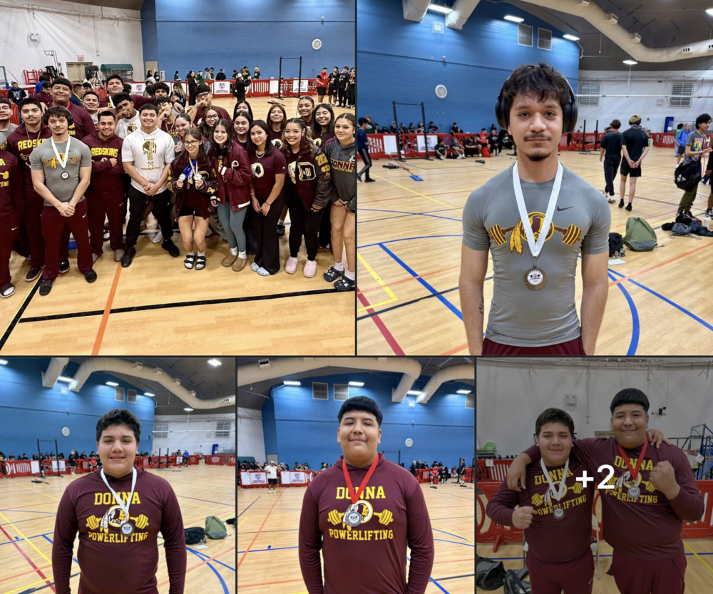 student standing multiple pictures with medals