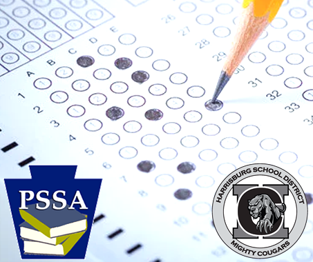 Image of a pencil marking items on a paper test with the PSSA logo in the lower left and the HBGSD logo in the lower right.